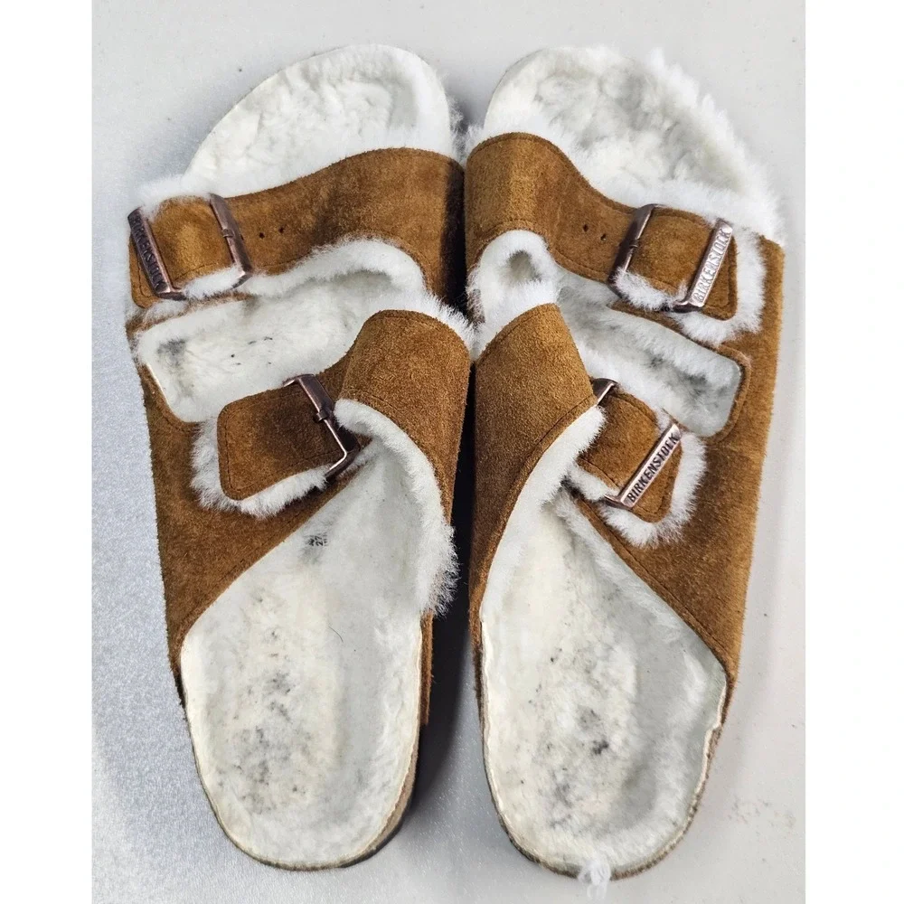 Birkenstock Arizona Shearling Mink Suede Slide Sandals Mens 9 Womens 11 EU 42
